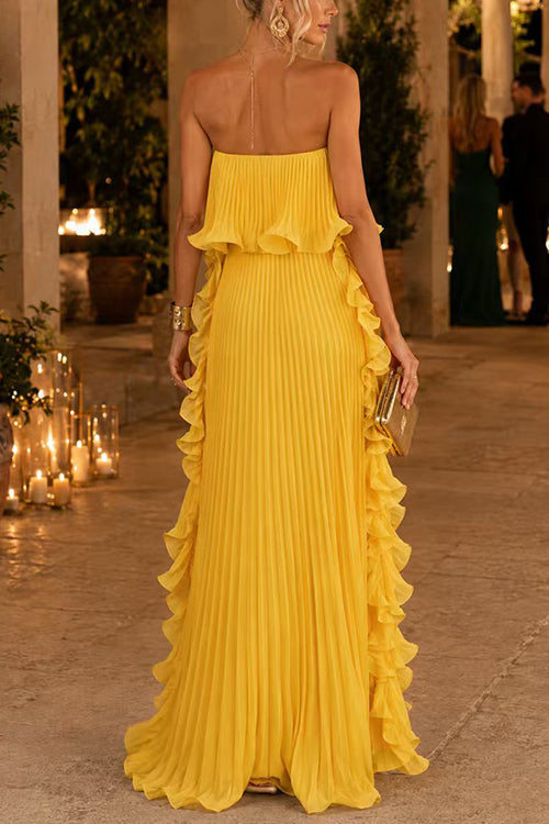 Strapless Tube Ruffle Hem Pleated Maxi Dress