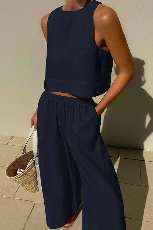 Solid Crewneck Crop Tank Top Elastic Waist Wide Leg Pants Set DarkBlue