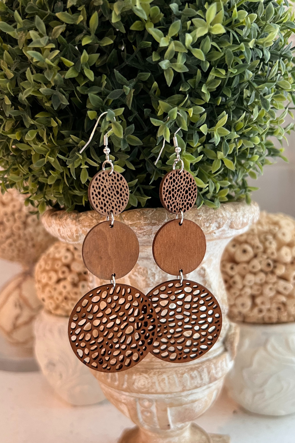 Vibrant Round-Shaped Hollow Pattern Dangle Earrings Brown