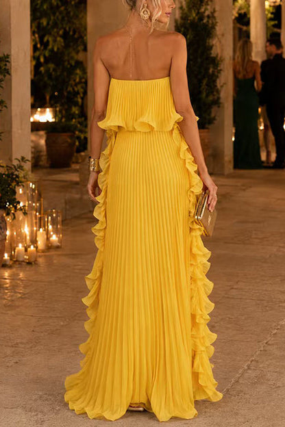 Elegant Strapless Tube Ruffle Pleated Maxi Dress