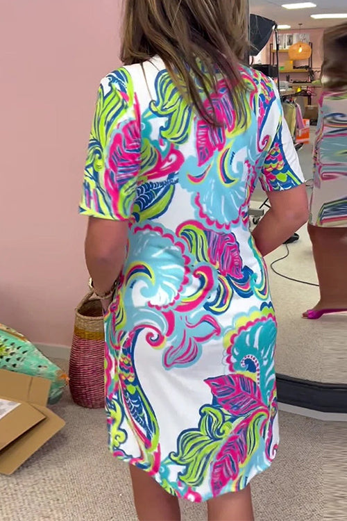 V Neck Short Sleeves Pocketed Unique Print Dress