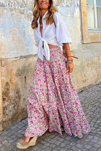 Frilled Elastic Waist Bohemia Floral Maxi Flowy Skirt Pink
