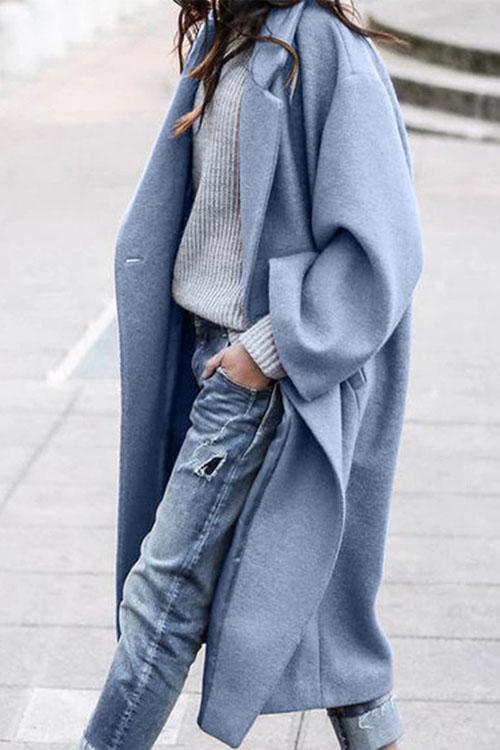 Solid Long Sleeve Oversized Winter Long Coat Blue