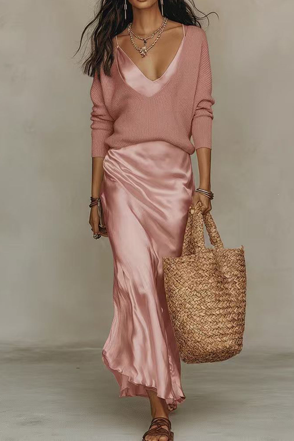 V Neck Drop Shoulder Sweater and Satin Maxi Cami Dress Set (B)