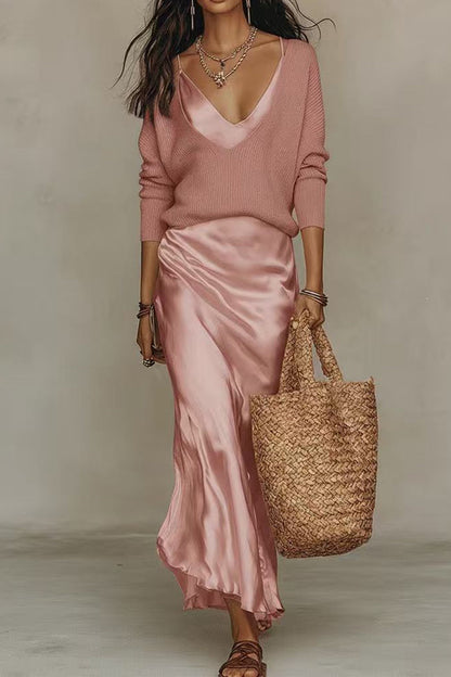 V Neck Drop Shoulder Sweater and Satin Maxi Cami Dress Set (B)
