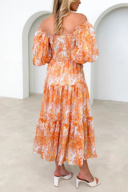 Off Shoulder Puff Sleeves Tiered Printed Midi Holiday Dress