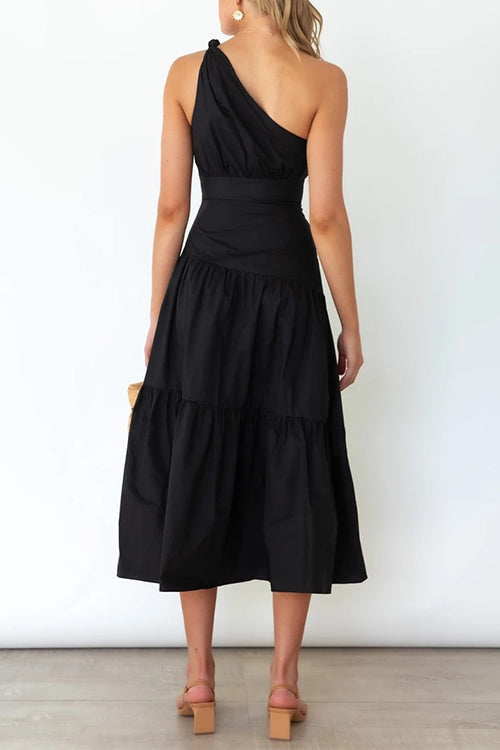 (4 Colors) One Shoulder High Waist Tiered Maxi Dress