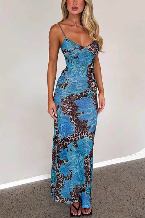 V Neck Color Block Leopard Print Maxi Cami Dress