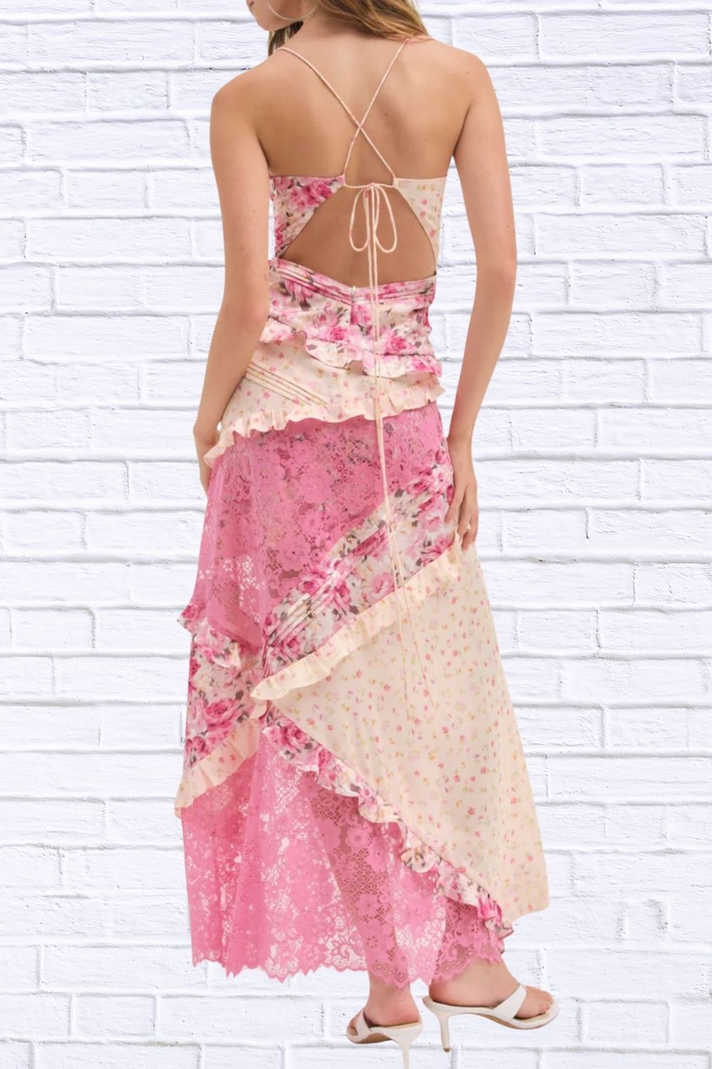Lace Floral Ruffle Trim Maxi Dress for Women | Elegant Flowy Summer Dress | Romantic Wedding Guest & Vacation Dress