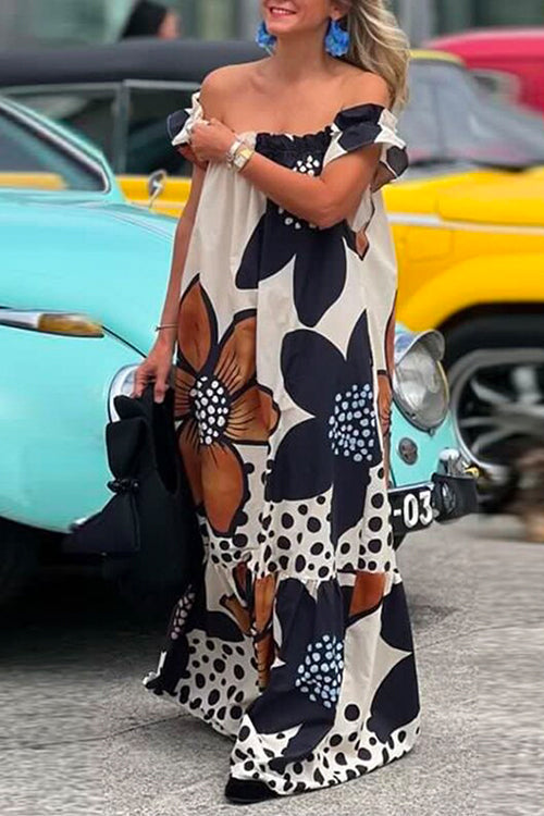 Off Shoulder Floral Printed Ruffle Maxi Holiday Dress Floral
