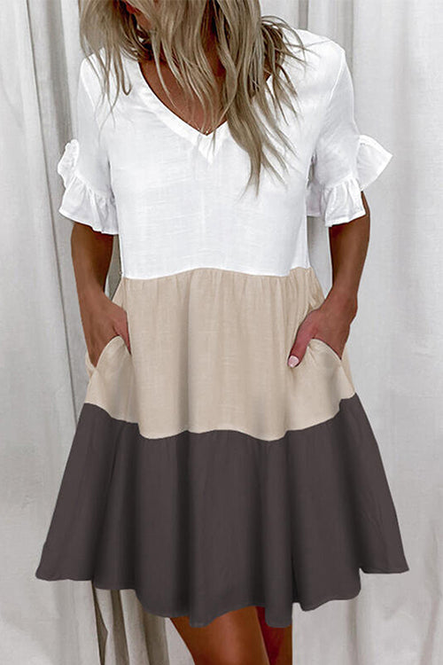V Neck Ruffle Sleeves Color Block Mini Dress Khaki