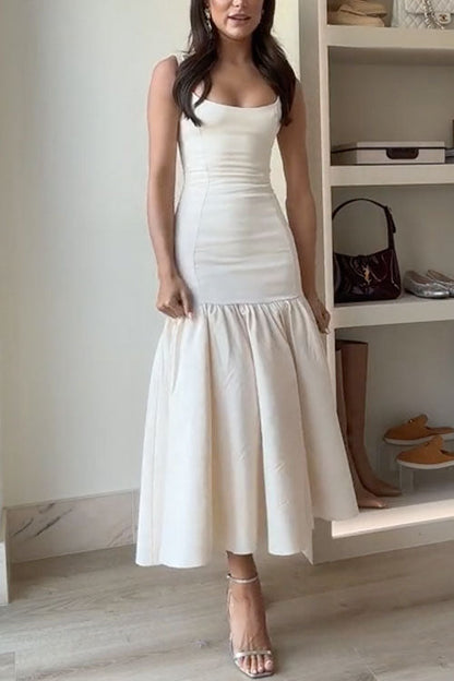 U Neck Sleeveless Ruffle Bodycon Midi Dress Cream