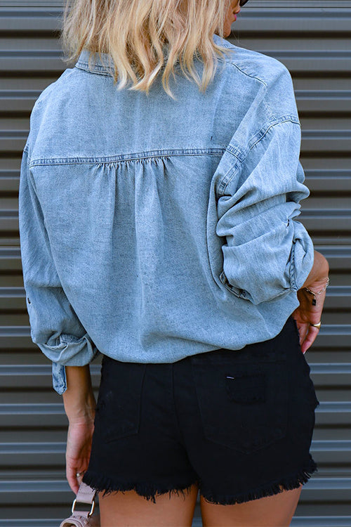 Long Sleeves Drawstring Hem Cropped Denim Shirt