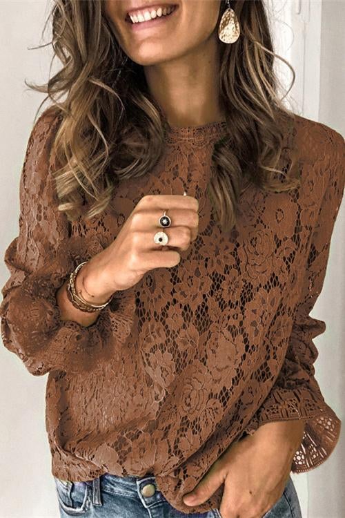 Lace Hollow Out Long Sleeves Tops Coffee