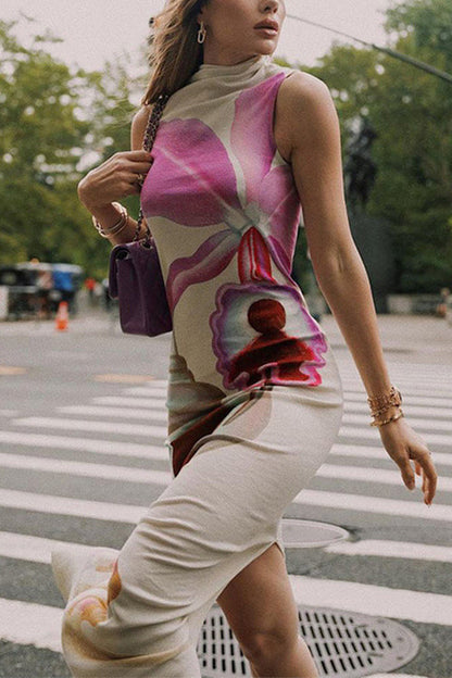 Mockneck Sleeveless Back Slit Floral Print Maxi Dress
