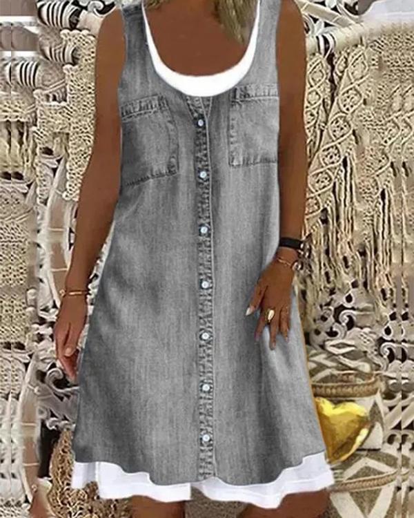 Clidress Denim Look Print Fake Two Piece Mini Dress