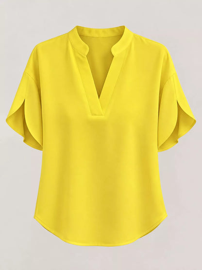 Notched Slit Short Sleeve Blouse