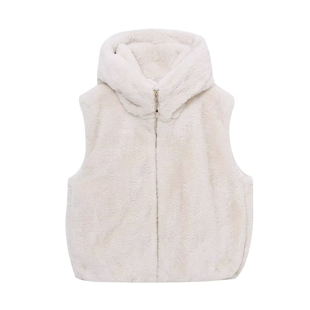 Faux Fur Hooded Vest Top Ivory