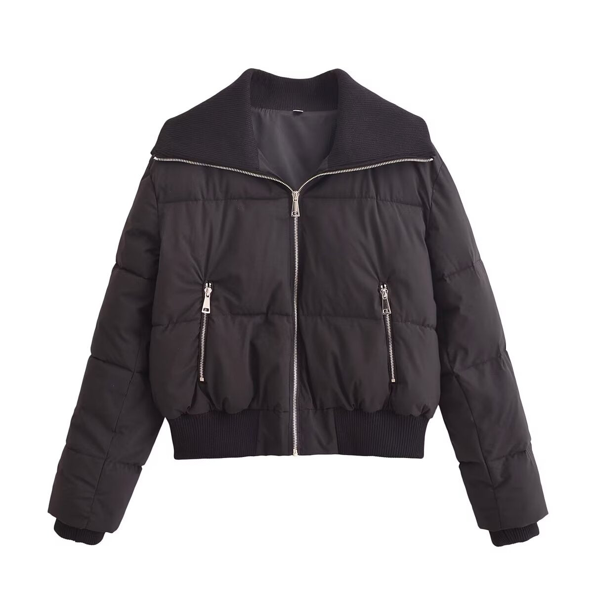 Thread-Decorated Long-Sleeve Padded Jacket Black