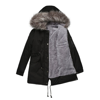 Big Fur Collar Cotton-Padded Coat Mid-Length Black