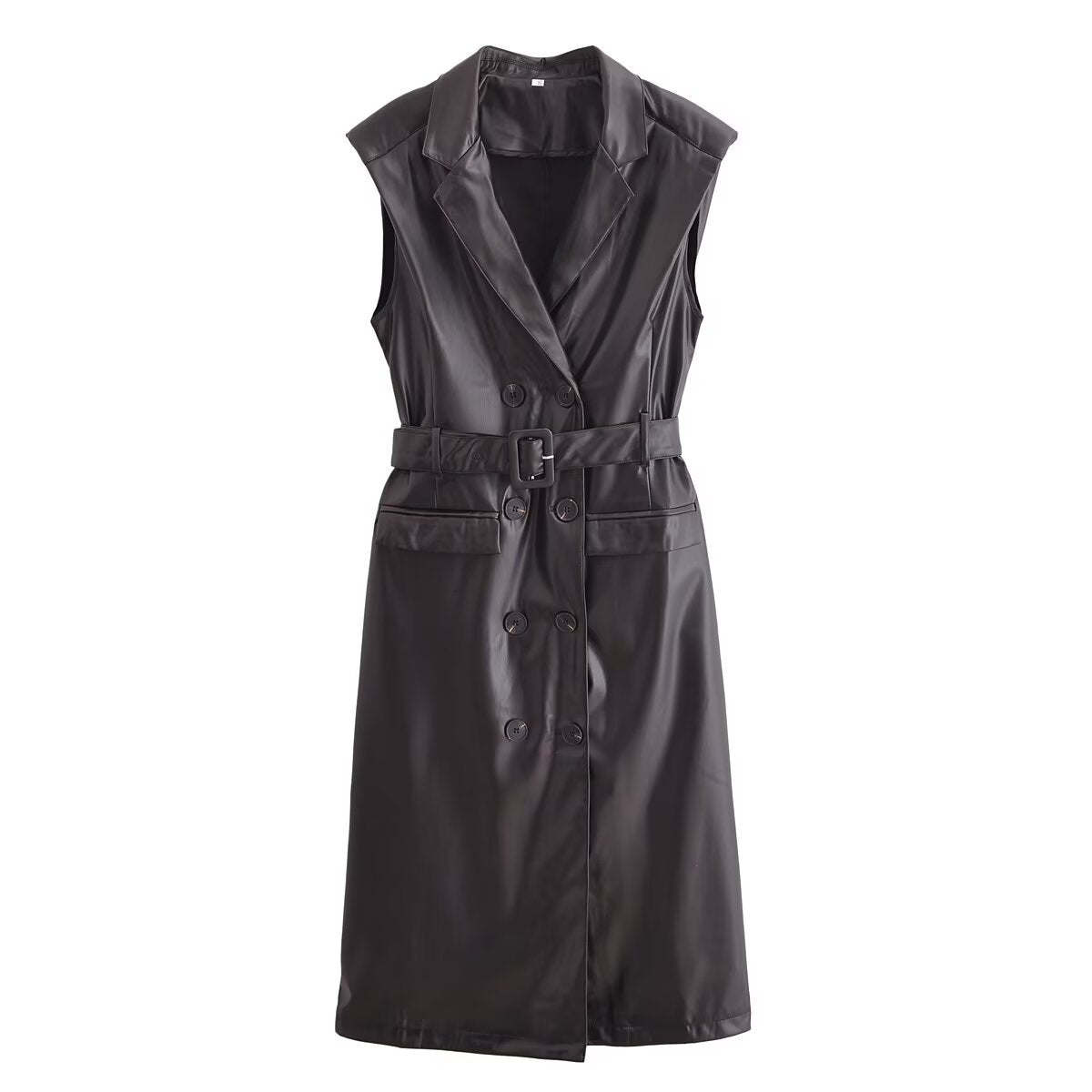 Faux Leather Sleeveless Trench Coat Dress Black