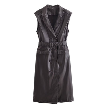 Faux Leather Sleeveless Trench Coat Dress Black