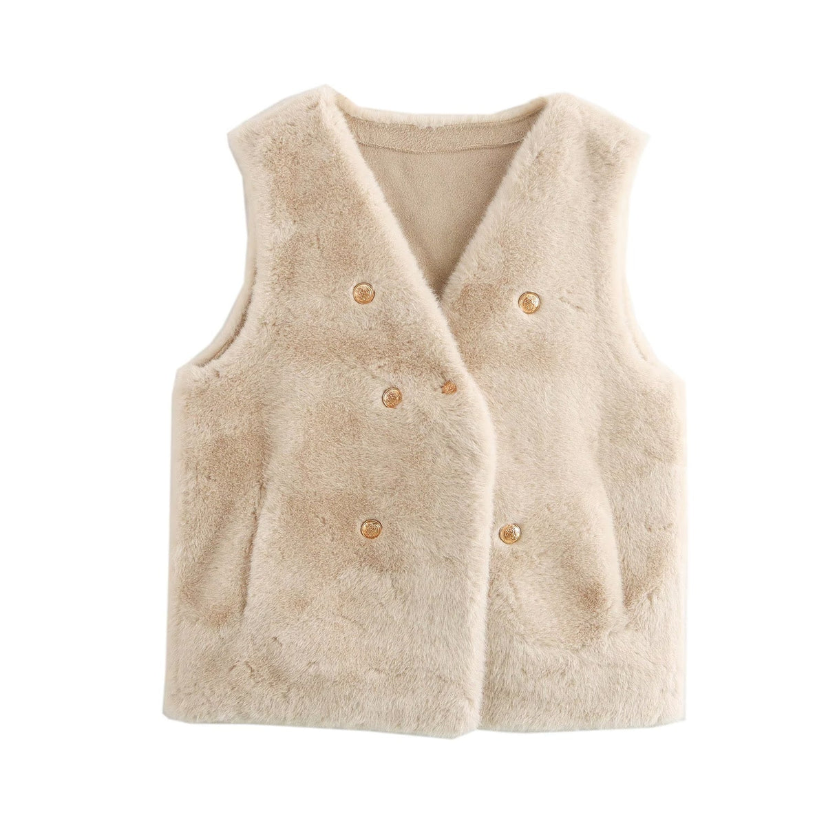 Imitation Marten V-neck Vest Jacket One Size Khaki