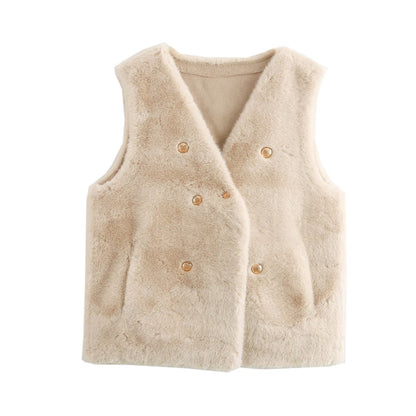 Imitation Marten V-neck Vest Jacket One Size Khaki