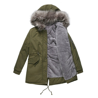 Fur Collar Fleece Cotton-Padded Parkas Army Green