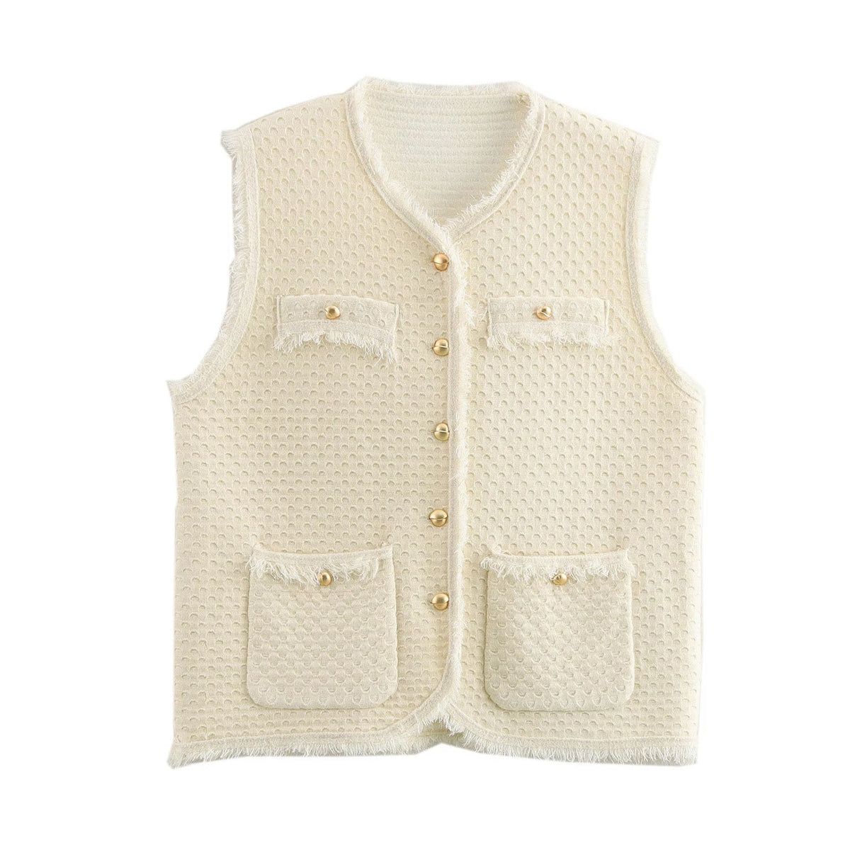 Fringed Knit Sleeveless Vest One Size Ivory