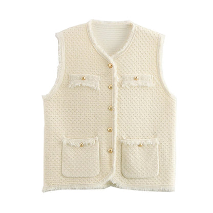Fringed Knit Sleeveless Vest One Size Ivory