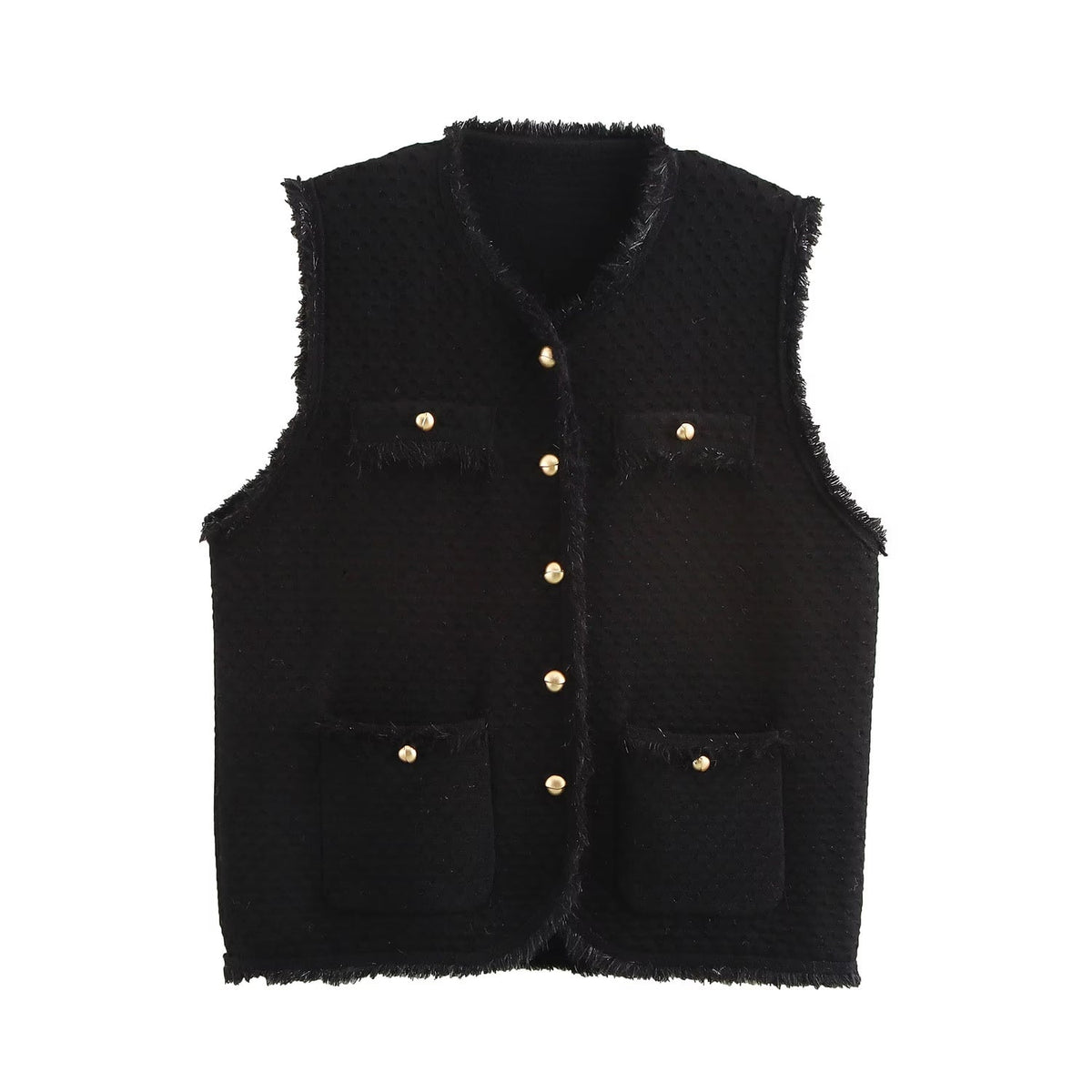 Fringed Knit Sleeveless Vest One Size Black
