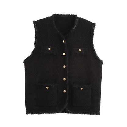 Fringed Knit Sleeveless Vest One Size Black
