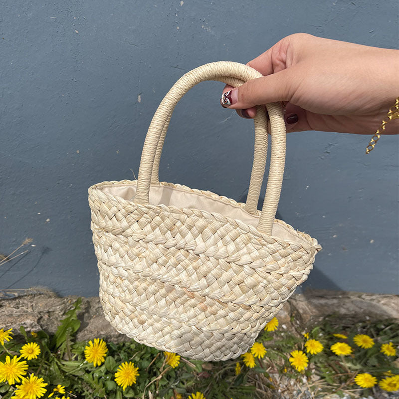 Natural Fiber Straw Handbag One Size Corn Husk Small Basket plus Lining