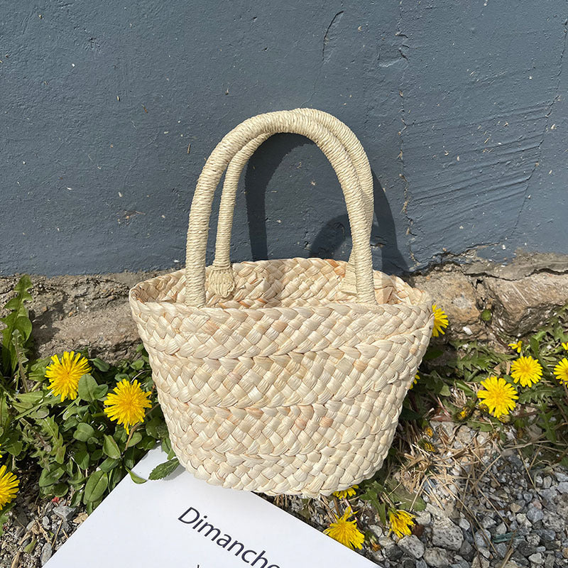 Natural Fiber Straw Handbag One Size Corn Husk Small Basket without Lining