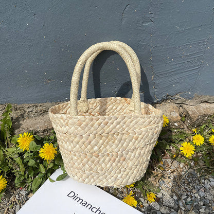 Natural Fiber Straw Handbag One Size Corn Husk Small Basket without Lining