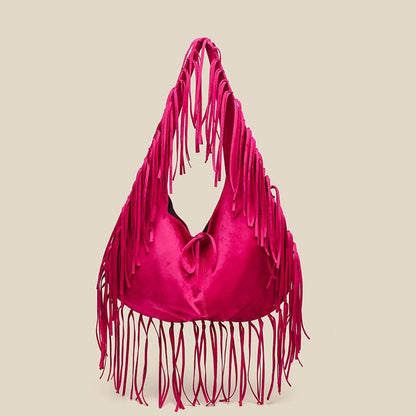 Tassel Large Tote Crescent Trendy One Shoulder Women Bag One Size Large Rose Red