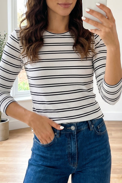 Beige Stripe Ribbed Knit Round Neck Long Sleeve Top