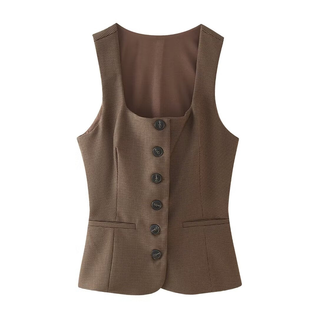 Plaid Sleeveless Vest Top Brown