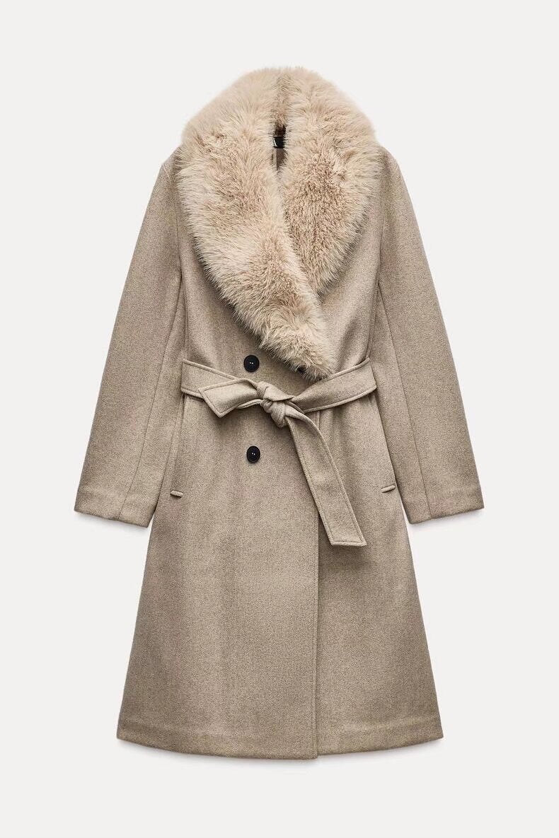 Artificial Fur Belted Trench Coat Brown