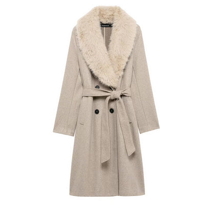 Artificial Fur Belted Trench Coat Coffee