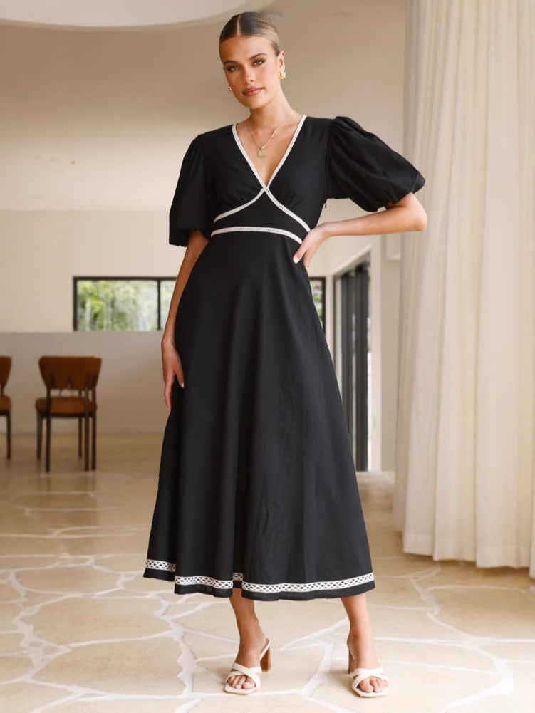 V neck Solid Color Ankle Length Maxi Dress Black