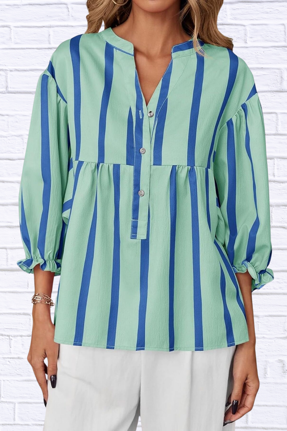 Striped Button Front Notched Blouse Light Green