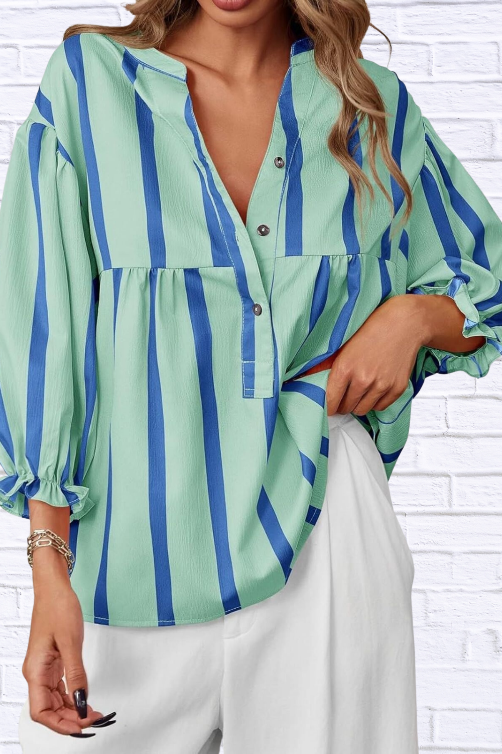 Striped Button Front Notched Blouse