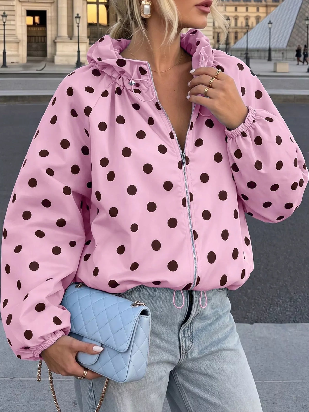Polka Dot Zip Up Hooded Jacket