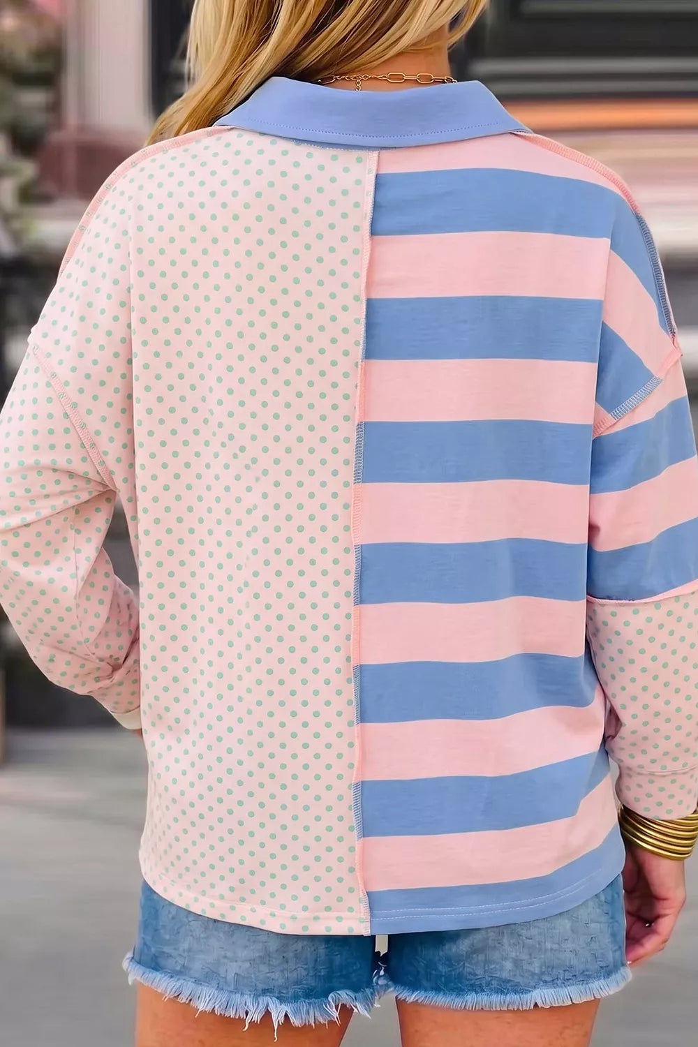 Striped Polka Dot Patchwork Polo Collar Long Sleeve Top