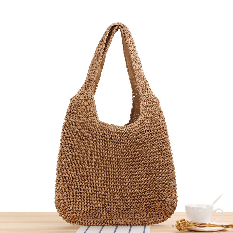 Shoulder Straw Bag Maori Hand-Woven Bag Casual Large Capacity Beach Bag One Size camel