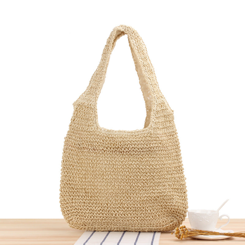 Shoulder Straw Bag Maori Hand-Woven Bag Casual Large Capacity Beach Bag One Size Ivory