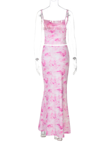 Women Clothing Spring Sexy Print Bandeau Sling Top Sexy Skirt Set