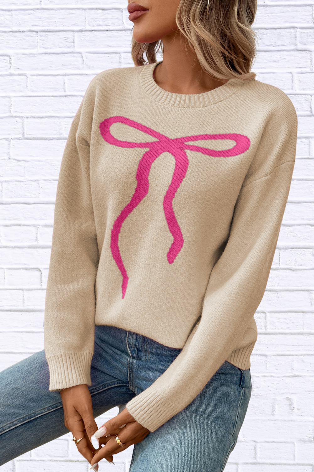 Bow Round Neck Long Sleeve Sweater Beige
